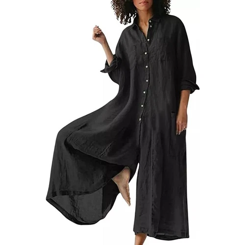 Elegante mono de mujer de lino con botones manga larga pierna ancha pantalones palazzo de playa - Imagen 33 de 52