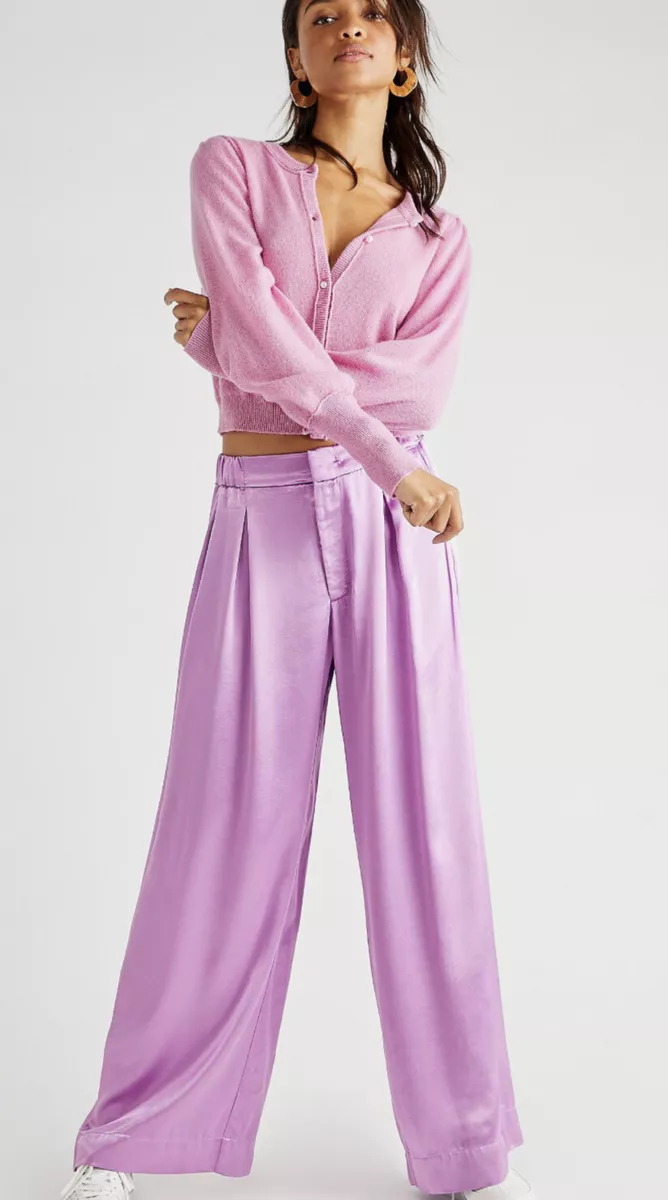 Free People Good Days Satin Trousers Wide Leg Pleating Purple