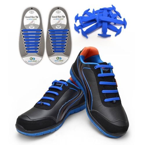BLUE No Tie Shoelaces Novelty Elastic Silicone Leather Lazy Male