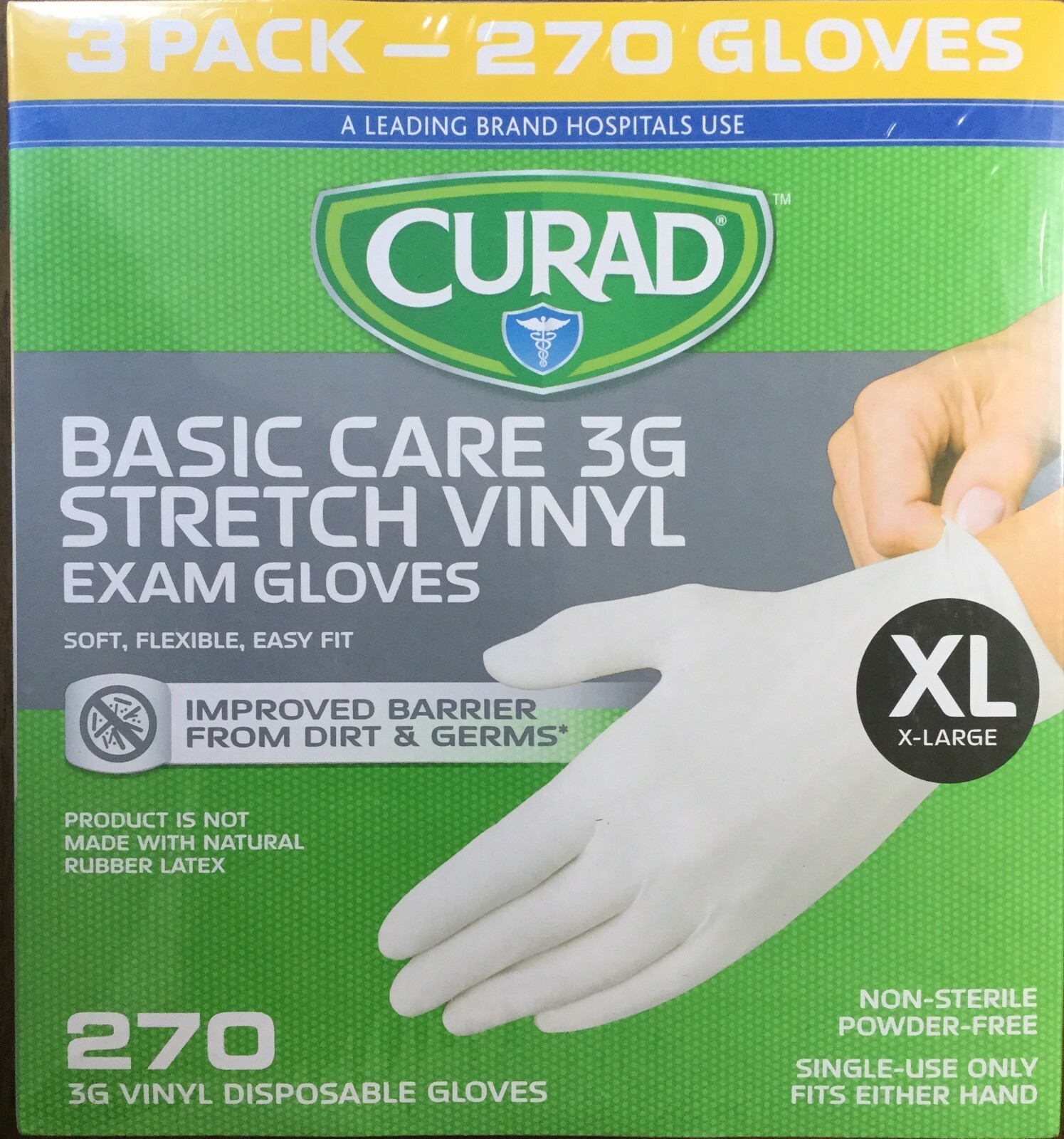 CURAD Basic Care 3G Stretch Vinyl Exam Gloves XLARGE 270 Count NIB