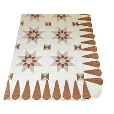 Vintage Dahlia Star Brown Quilt Scalloped Border Edge Hand Stitched 101X84 in