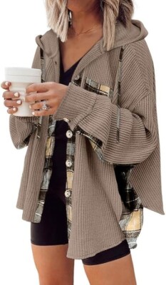 Womens Waffle Knit Shacket Boyfriend S Shirt Jacket Button Down Blouse Loose Top
