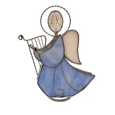 Vtg Stained Glass Angel Blue White Clear Playing Harp Christmas Holiday Wired