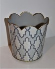 Vtg METAL Footed WHITE/GRAY Mini Vanity WASTEBASKET w/Scallops GOLD Edges SMALL — photo 2