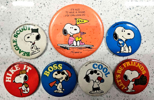 Lot of (7) Vintage PEANUTS SNOOPY Pinbacks, Buttons, Metal Pins