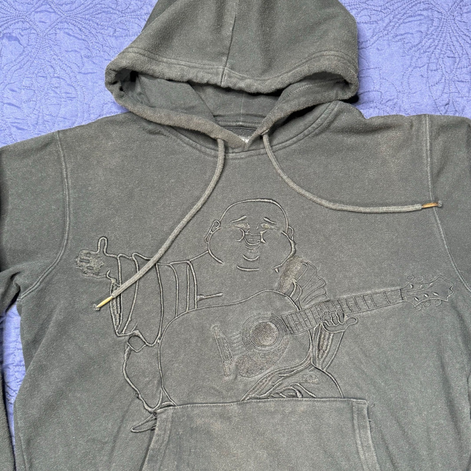 True Religion Hoodie Buddha Guitar Graphic Charcoal Gray Pullover S/P FADE