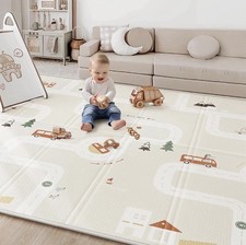 Baby Play Mat Foldable Padded Floor Rug Beige Road Map Design 120cm Square