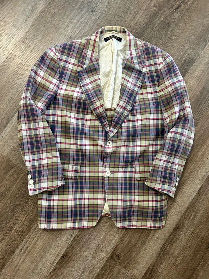Brooks Brothers Chaqueta Blazer Tres Botones Vintage Azul Verde Madrás Cuadros 40S Foto 2 de 4