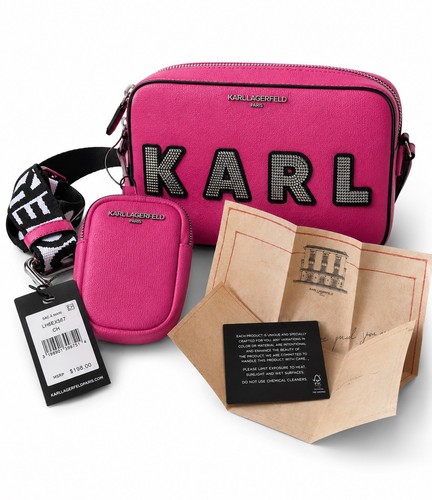 Karl Lagerfeld Paris Pink Logo Crossbody Bag Adjustable Strap Zip Pouch