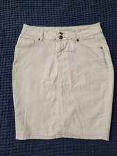 White Denim Women's mini Skirt Size Small stretchy Pencil Back Slit Karen T