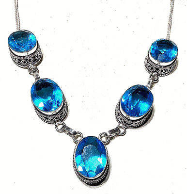 VINTAGE  SCHWEIZ BLAU TOPAS HANDGEFERTIGT 925 Sterlingsilber Schmuck HALSKETTE