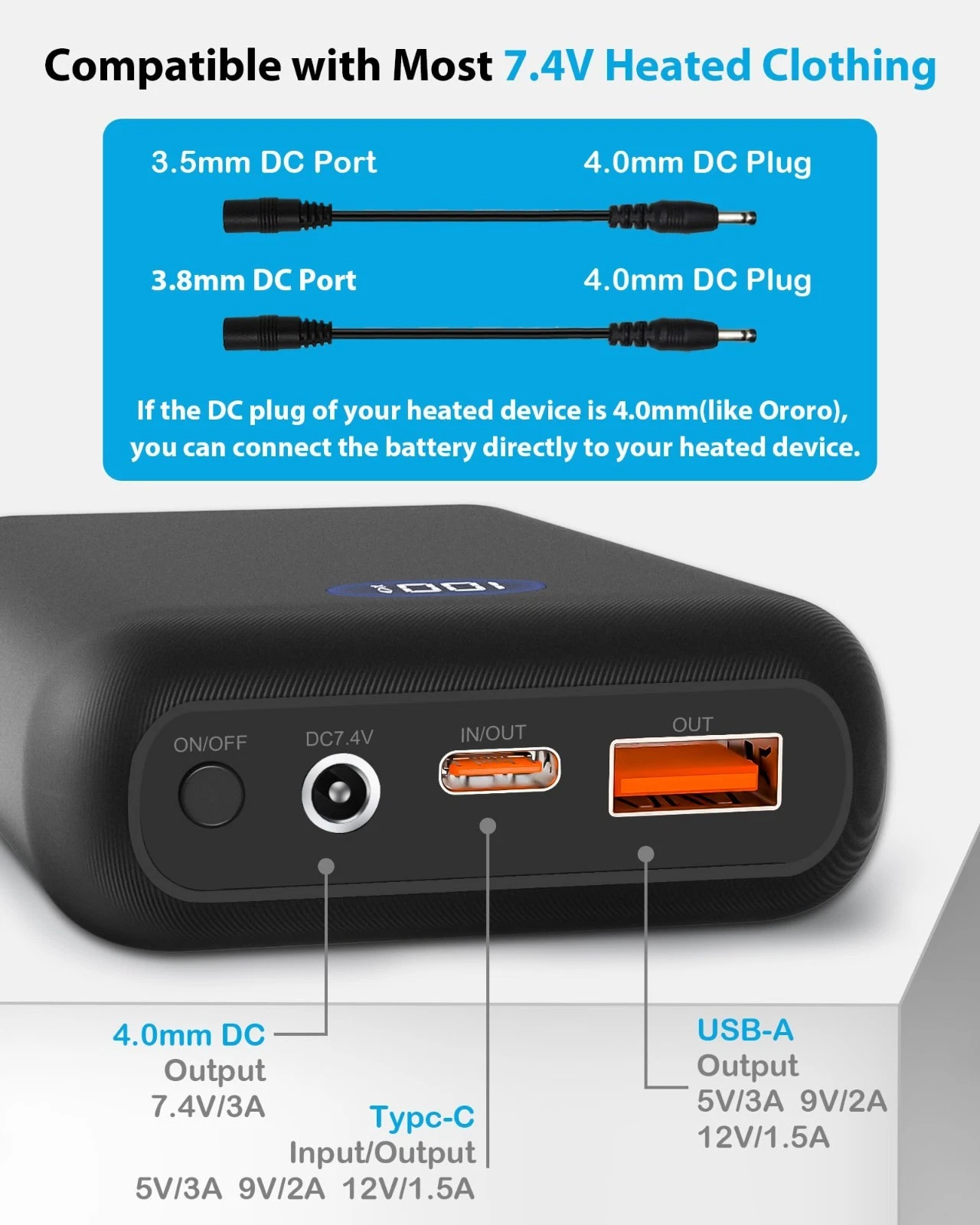 16000mAh 7.4V Heated Vest Battery Pack with 2 Adapters - Power Bank for Heat Jac - product detail image 3