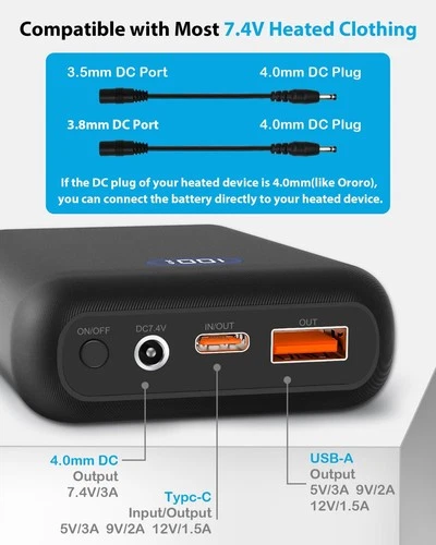 16000mAh 7.4V Heated Vest Battery Pack with 2 Adapters - Power Bank for Heat Jac image 3