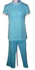 70S 2PC PANTS SUIT DEADSTOCK BLUE WHITE TEXTURE POLYESTER ELASTIC PANTS MINI TOP