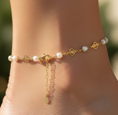 Heart Charm Brass Anklet Gold Plated Pearl Chain Handmade Minimalist Design