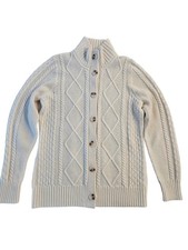 L.L. Bean Cream Fisherman Cabincore Knit Wear 80 Marino Wool Cardigan Sz. M