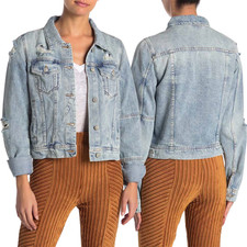 Free People Rumors Light Wash Denim Jean Jacket Women's Medium Distressed Boho