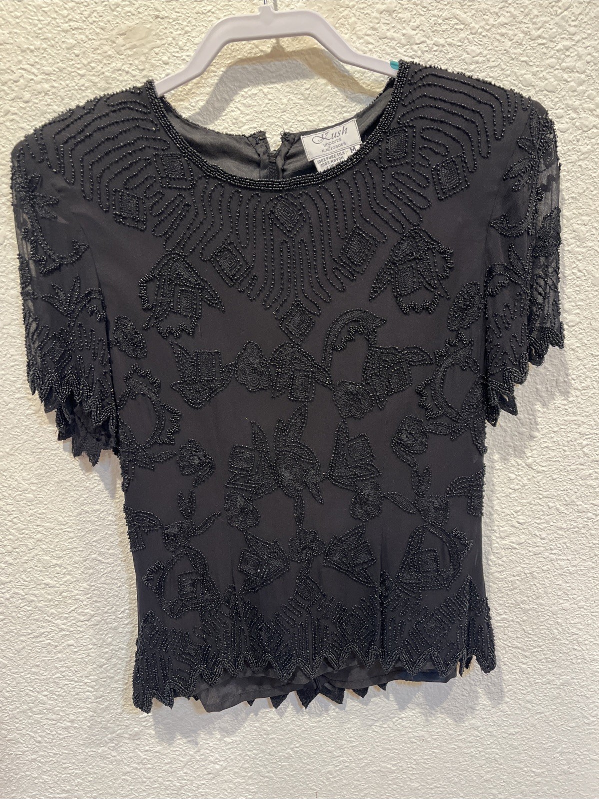 vintage top Embroidered Crystals On Black Silk Size Medium