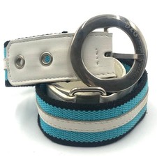 Dolce&Gabbana Men Circle Logo Buckle Belt Canvas Leather Striped White Blue 81cm