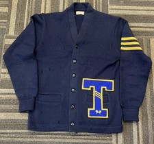 VTG High School Varsity Letterman Cardigan Sweater Made In USA Mens Medium Blue