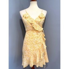 Yellow Floral Ruffle Faux Wrap Mini Dress Spring Summer Brunch Flowy, Size Small