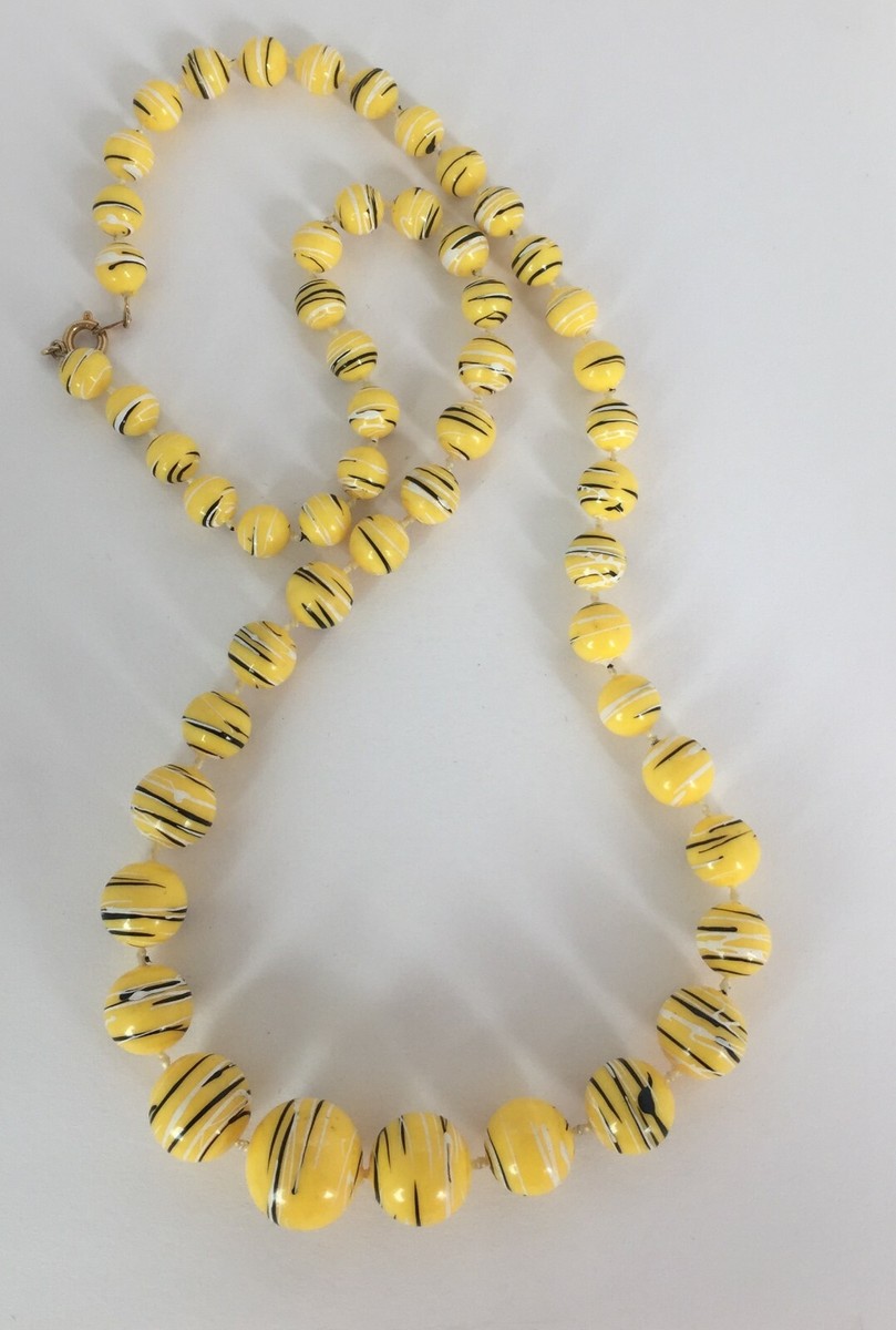 Collier Vintage Années 1970 - Perles En Chute - Longueur 60 Cm - Métal Doré Et Résine Jaune