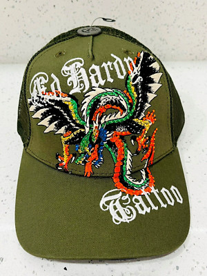 NWT Ed Hardy Baseball Hat Cap Trucker Snap Back Dragon Tattoo Olive One Size