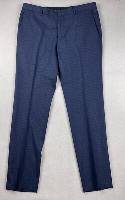 Hugo Boss Mens Dress Pants Trousers Wool Size 36x33 Blue Check