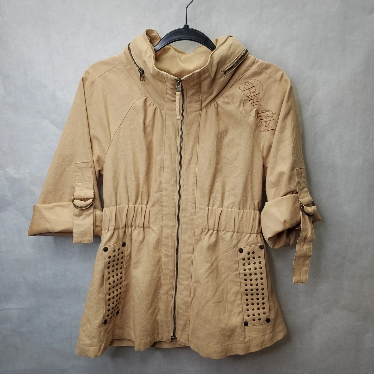 Blac Label Pink Utility Jacket Women s Large Linen Blend Roll Sleeve Hood Studs