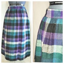 Vintage Purple/Teal/Black/White Large Plaid Wool Skirt Size 14 - 30" Waist
