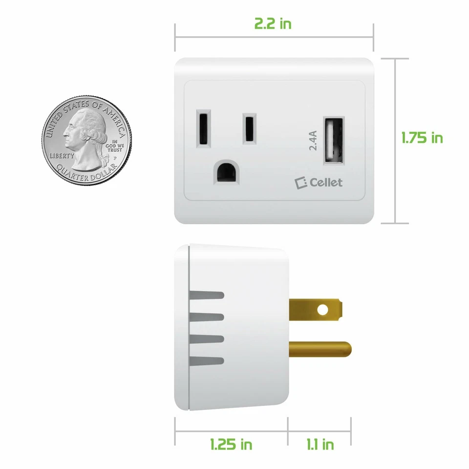 Cellet UL Certified 1 Outlet + 12Watt (2.4Amp) USB Port Travel Charger - Image 4 of 4