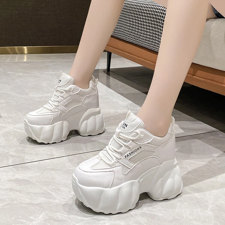 Women Platform Shoes Casual Lace Up Wedge High Heel Sport Shoes Sneaker  Creepers