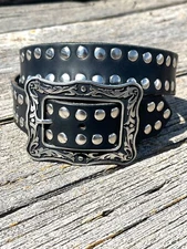 Black Leather Belt 34 inch Nickel Silver Studs Made in USA Biker Western Buckle
