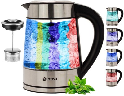 Glas Wasserkocher Edelstahl mit Temperatureinstellung LED Beleuchtung u. Teesieb