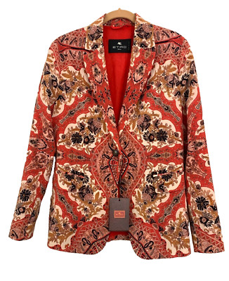 ETRO Jacket Red Beige 100% Silk Front Button Packets Size US Large NWT