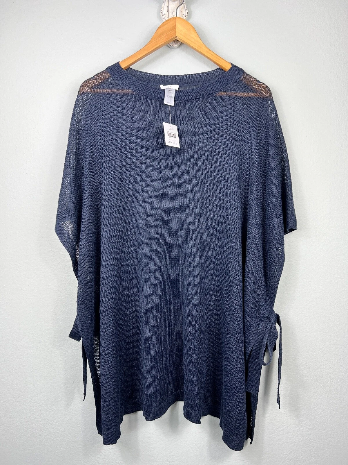 NWT J. Jill Sweater Poncho OS Semi-Sheer Open Tie Sides Blue Linen Blend Beach