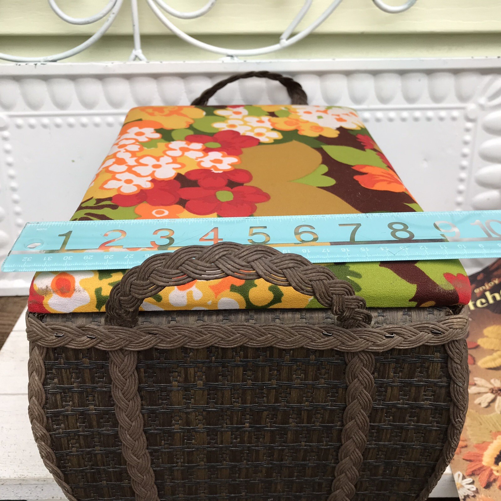 Vtg MCM Groovy 70s Orange Yellow Floral Wicker Storage Sewing Basket w Craft Bk