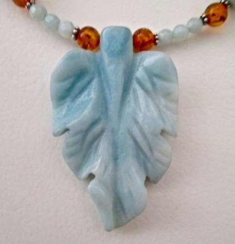 COLLAR DE CUENTAS DE HOJA TALLADA AMAZONITA, ÁMBAR Y PLATA ST. ~ ¡UNA BELLEZA! - Imagen 6 de 9
