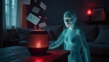 Sci-Fi Android Heads Art: Glowing Red Eyes, Creepy Tech - Dystopian Print