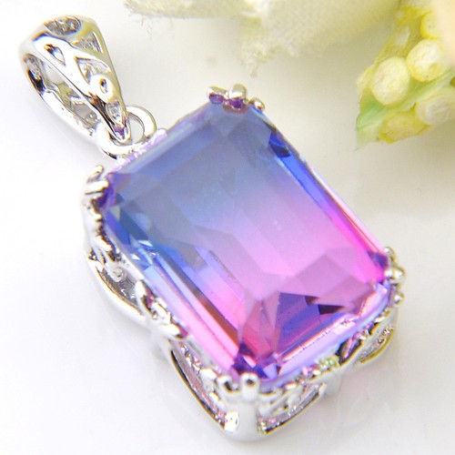 Handmade Rectangle Bi-Colored Tourmaline Gemstone Silver Necklace Pendants - Picture 1 of 6