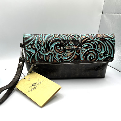 Patricia Nash Valerie Foldover Clutch Wristlet  Bag -  Tooled Turquoise Leather