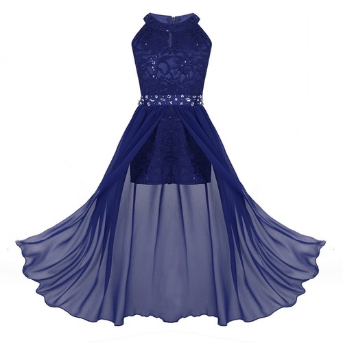 US Kids Girls Floral Lace Long Dress Wedding Birthday Party Formal Romper Gown