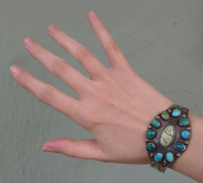 1930'S VINTAGE NAVAJO INDIAN SILVER MULTI TURQUOISE CUFF BRACELET