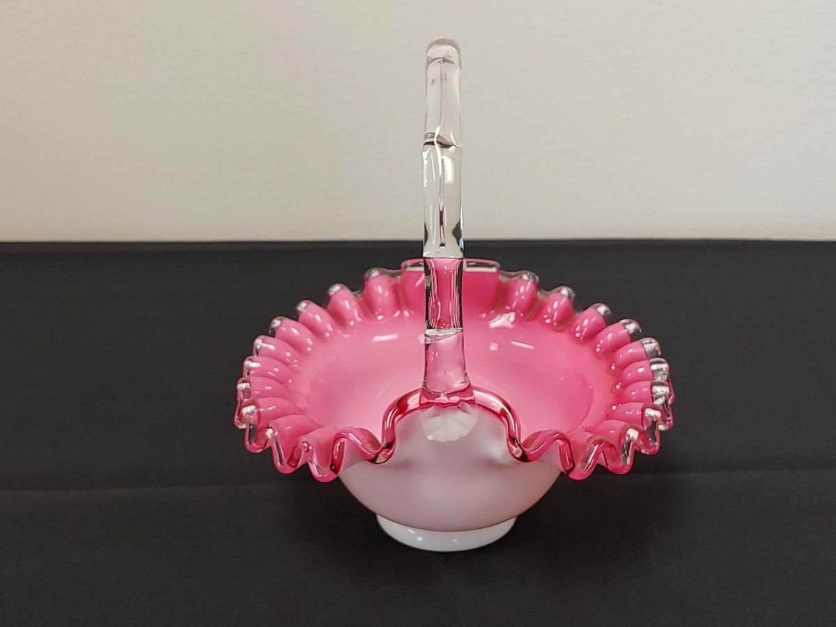 Vintage Fenton Pink White Milk Glass Silver Crest Basket w