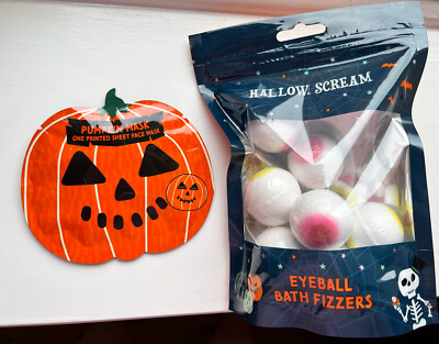 X9 Halloween Augäpfel Badebomben Bath Fizzers Vanille Duft + Kürbis Gesichtsmaske