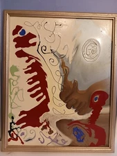 Vintage  Abstract Painting organic Red and White by Robert Lamb 1999, Poem Verso