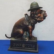 VTG Ole Puffer Cast Iron Mechanical Coin Bank Bulldog Smoking Cigar Reproduction