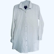 Tahari Shirt Dress Large White 100% Linen Button Front Tunic Roll Tab Sleeves