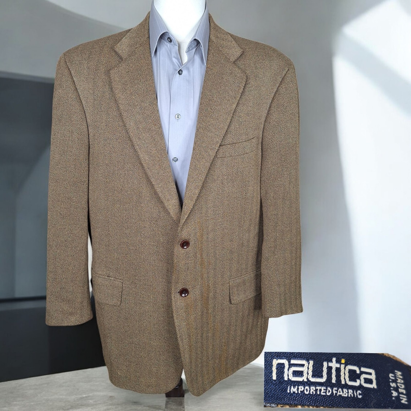 Nautica Sport Coat Jacket Mens 48R/L Brown Herringbone VTG VL Cotton Wool