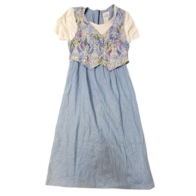 EUC VTG Dress Excellent Blue Denim Floral Brocade Vest Boho Midi Dress  SZ 12